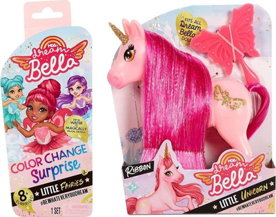 Сет играчки MGA Dream Bella Little Fairies, кукла и еднорог, менување боја, розова