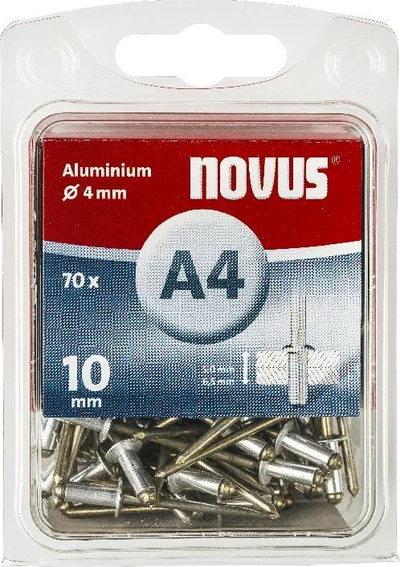 Riveta të verbër Novus A4, alumin 4x10 mm, 70 copë, ngjyrë argjendi
