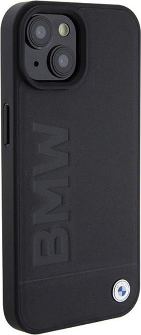 Maskë telefoni BMW Leather Hot Stamp, për iPhone 15 6.1", hardcase me lëkurë, e zezë