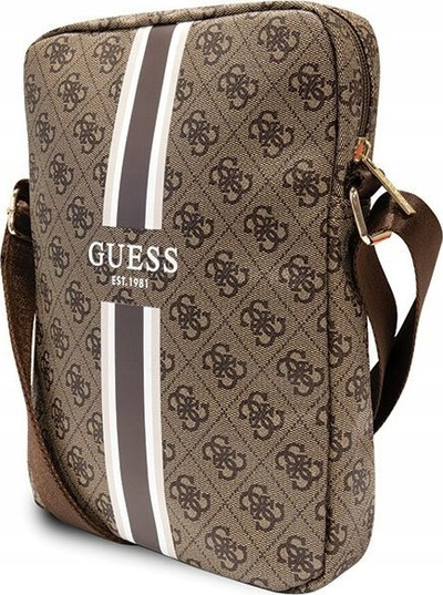 Çantë tablet Guess 4G Stripes, deri 10", material saffiano, kafe