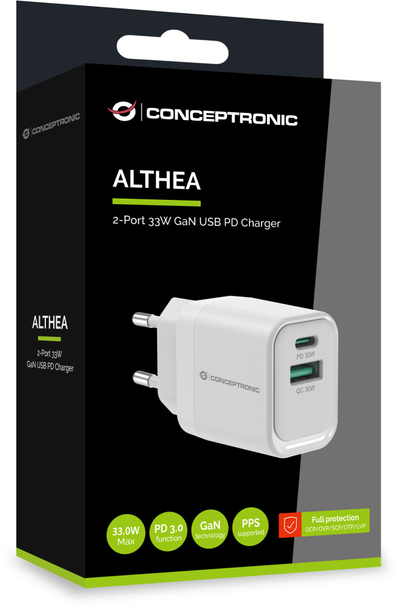 Ѕиден полнач Conceptronic 2 порти 33W, USB C, USB A, бел