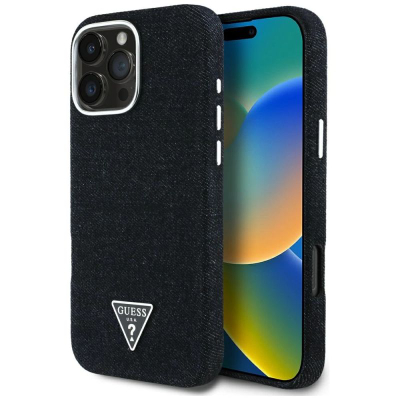 Футрола за телефон Guess Denim Triangle Logo MagSafe за iPhone 16 Pro Max, деним, црна