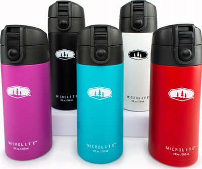 Shishe termike GSI Microlite 350 Flip, 350 ml, çelik inox, e zezë
