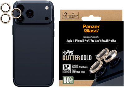 Mbrojtës kamere PanzerGlass Hoops, për iPhone 16 Pro 17 Pro Max, Glitter Gold