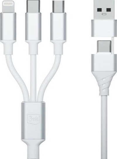 Kabllo USB 3MK Hyper Cable 3in1, USB A në USB C microUSB Lightning, 1.5 m, e bardhë
