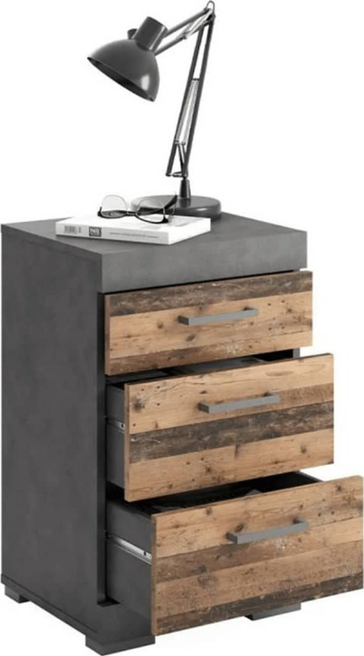 Komodinë FMD Bedside Table, 3 sirtarë, stil druri rustic, gri