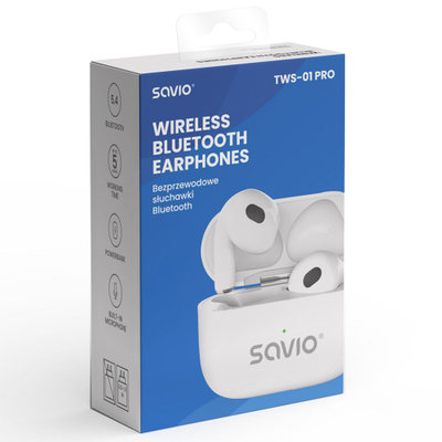 Безжични слушалки Savio TWS-01 PRO, Bluetooth 5.4, 20 часа батерија, бели