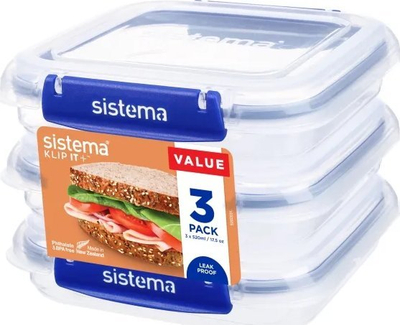 Set enë plastike Sistema Square Klip It Plus, 520ml, 3 copë, transparente