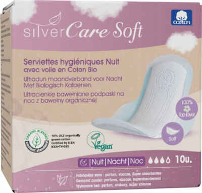Peceta higjienike SilverCare Soft Night, pambuk bio, shumë të holla, me krahë, 10 copë