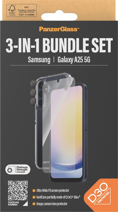 Set mbrojtës PanzerGlass 3‑në‑1, për Samsung Galaxy A25 5G, xham ekrani Ultra‑Wide Fit, kapak transparent