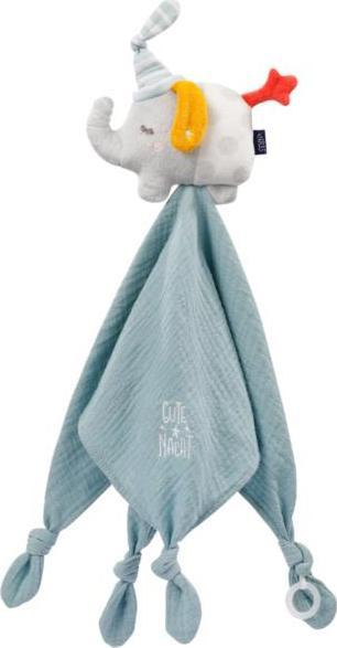 Pëlhurë përkëdhelëse për bebe Fehn Good Night Elephant, 42cm, me mbajtëse biberoni, blu