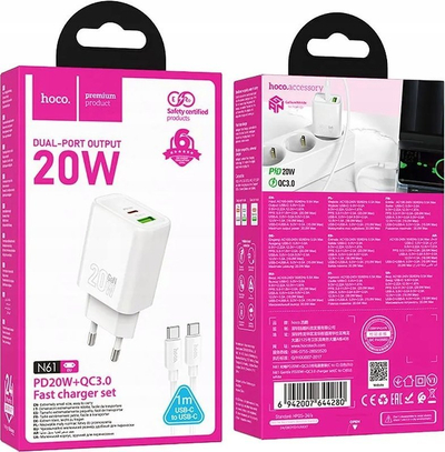 Karikues muri Hoco N61, 20W PD QC3.0, me USB A edhe USB C, i bardhë