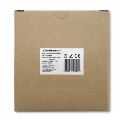 Furnizues energjie DIN Rail Qoltec 50901, 480W, 24V 20A, ngjyrë argjendtë