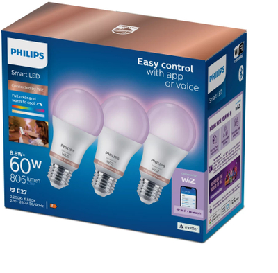 Set llamba LED Philips WiZ, E27, 8.8W 60W, RGB, e bardhë