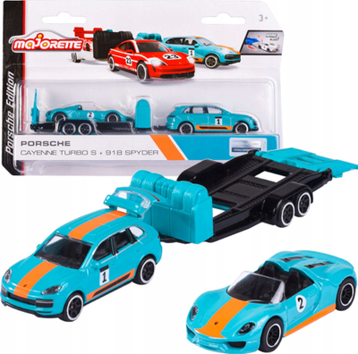 Set lodrash Majorette Porsche Taycan Turbo S 917, me rimorkio gare, metalik, i kuq