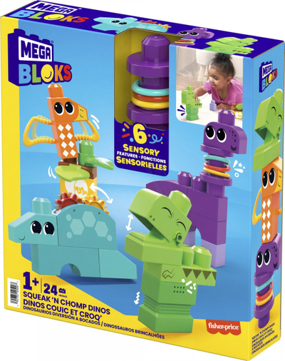 Lodër ndërtuese Mega Bloks Squeak 'n Chomp Dinos, 24 pjesë, sensorike, shumëngjyrëshe