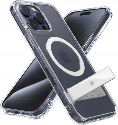 Maskë mbrojtëse Spigen Caseology Capella MagSafe Kickstand, për iPhone 15 Pro, me këmbë mbajtëse, transparente e bardhë