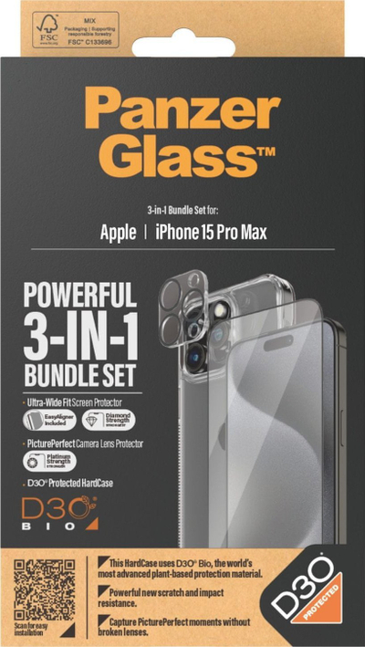 Set mbrojtës PanzerGlass për Apple iPhone 15 Pro Max, ClearCase me D3O, xham mbrojtës UWF, mbrojtës kamere transparent