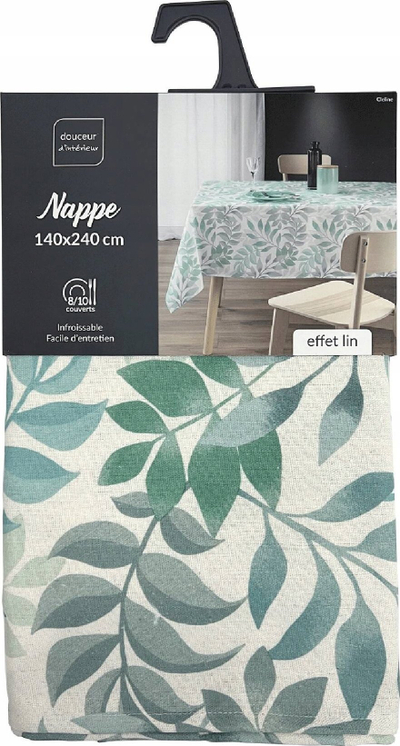 Mbulesë tavoline Cleline Rectangular, 140x240cm, polikoton me efekt liri, me gjethe jeshile