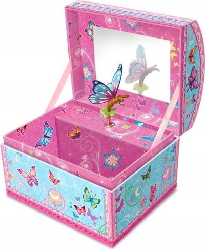 Kuti muzikore Pecoware Pulio Music Box Chest Butterflies 2, me pasqyrë, për bizhuteri, rozë blu