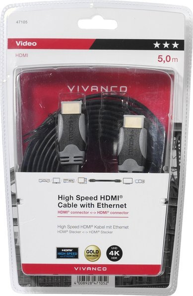 Kabllo HDMI Vivanco High Speed, 5m, 4K, e zezë