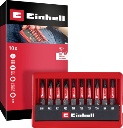 Set bitash goditës Einhell, 10 copë, 50mm, kuti xhepi e kuqe