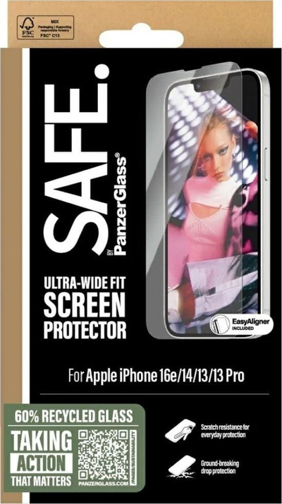 Заштитно стакло за екран SAFE by PanzerGlass Ultra Wide Fit, за iPhone 16e 14 13 13 Pro, проѕирно