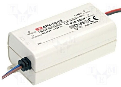 Transformator LED Mean Well APV-16-15, 15W, 15V DC, i bardhë