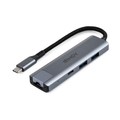 Hub USB C Lindy USB 3.2 Gen 2, 4 porta, Gigabit Ethernet, gri