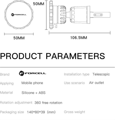 Mbajtëse magnetike për makinë Forcell F-grip MagElite, për grilë ajri, rrotullim 360°, e zezë