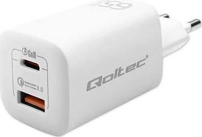 Karikues muri Qoltec GaN Ultra, 65W, USB C PD dhe USB QC 3.0, i bardhë