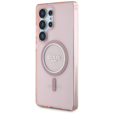 Kapotë telefoni Guess Glitter Circle Classic Logo MagSafe për Samsung Galaxy S25 Ultra, TPU PC, rozë me shkëlqim