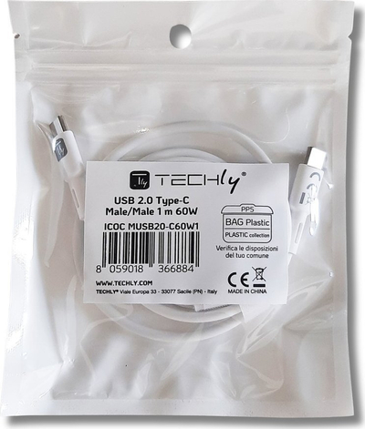 Kabllo USB-C Techly 2.0, 1m, 60W, e bardhë
