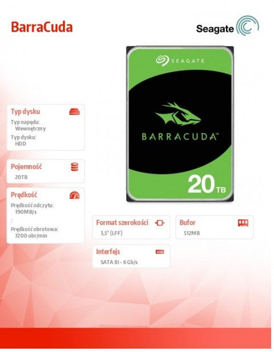 Hard disk i brendshëm Seagate Barracuda, 20TB, 7200 RPM, 3.5", Serial ATA