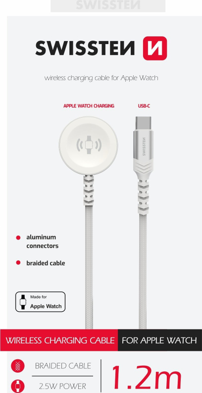 Kabllo karikimi Swissten për Apple Watch, USB C, 1.2 m, e bardhë