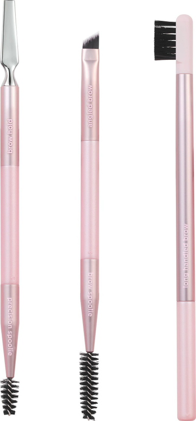 Set furçash për vetulla Real Techniques Brow Styling Set, 3 copë, me mëngë rozë metalike