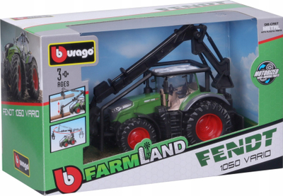 Lodër traktor BBurago Fendt 1050 Vario, me krah për ngarkim trungjesh, metal die cast, jeshil