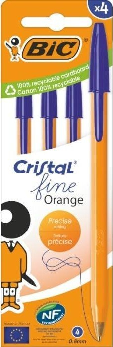 Stilolaps BIC Cristal Orange Original Fine, 0.8mm, bojë blu, set 4 copë