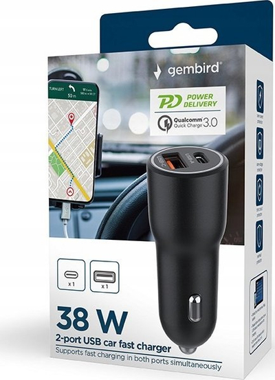 Karikues makine Gembird TA-UC-AC2PDQC38-CAR, 38W, USB A USB C PD, i zi
