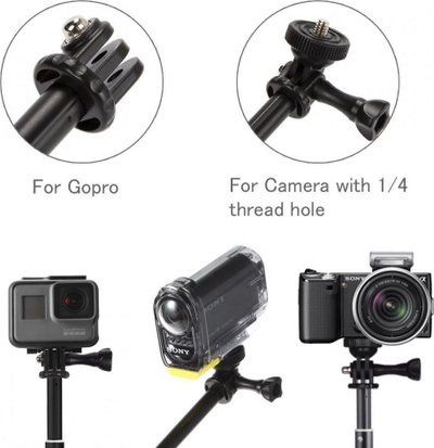 Selfie stick teleskopik 2 në 1, 29–90 cm, për GoPro Hero 7 8 9 MAX, i zi