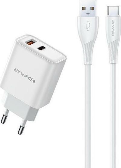 Karikues rrjeti Awei GaN, 22.5W, USB edhe USB C, me kabllo, i bardhë