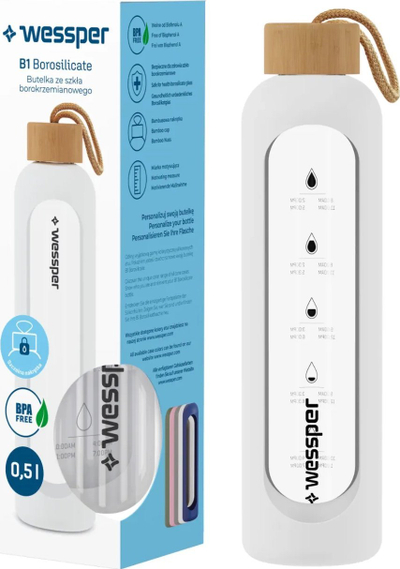 Shishe uji qelqi Wessper B1, 500 ml, me shkallë motivuese, e bardhë