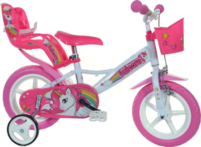 Biçikletë fëmijësh Unicorn Kids, 12", me rrota ndihmëse, rozë e bardhë