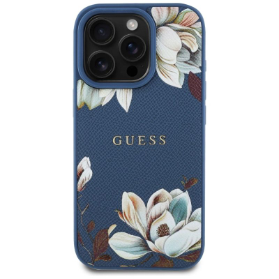 Заштитна маска Guess MagSafe за iPhone 16 Pro, дизајн со цвеќиња, сина