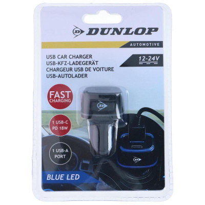 Karikues makine Dunlop USB USB-C, PD 18W, me dritë LED blu, i zi