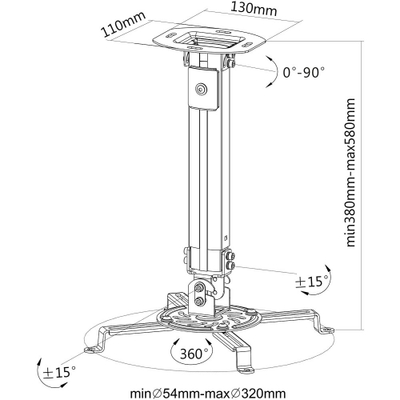 Mbajtës tavani për projektor Techly 309654, i rregullueshëm 38-58 cm, kapacitet 13.5 kg, argjendtë