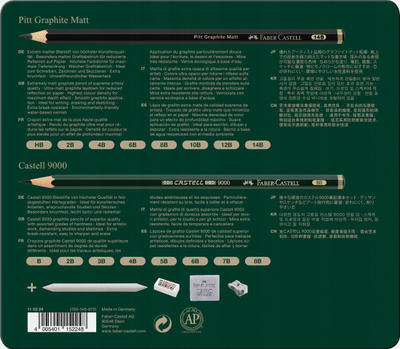 Set lapsash Faber-Castell Pitt Graphite Matt dhe Castell 9000, 20 copë, kuti metalike gri