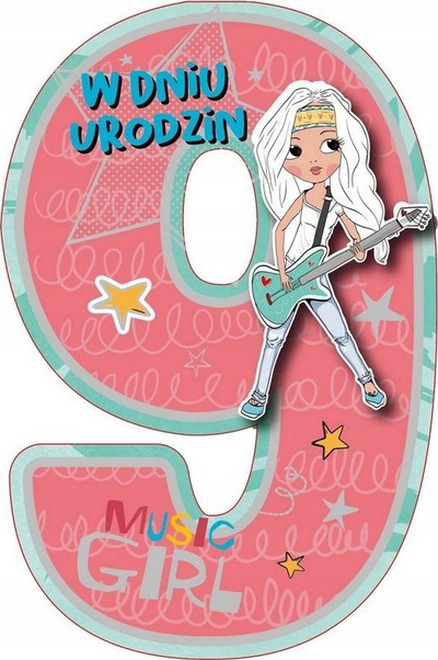Kartolinë ditëlindjeje Music Girl, mosha 9 vjeç, për goca, rozë