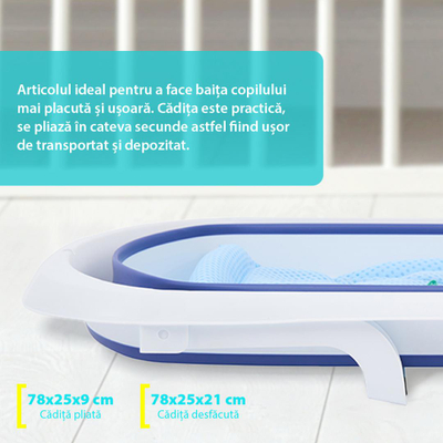 Vaskë palosëse për bebe U-grow, 78x25x21 cm, me reduktor dhe termometër, blu