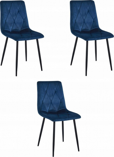 Karrige ngrënie Oskar Libra, velvet blu, këmbë metalike të zeza, set 3 copë